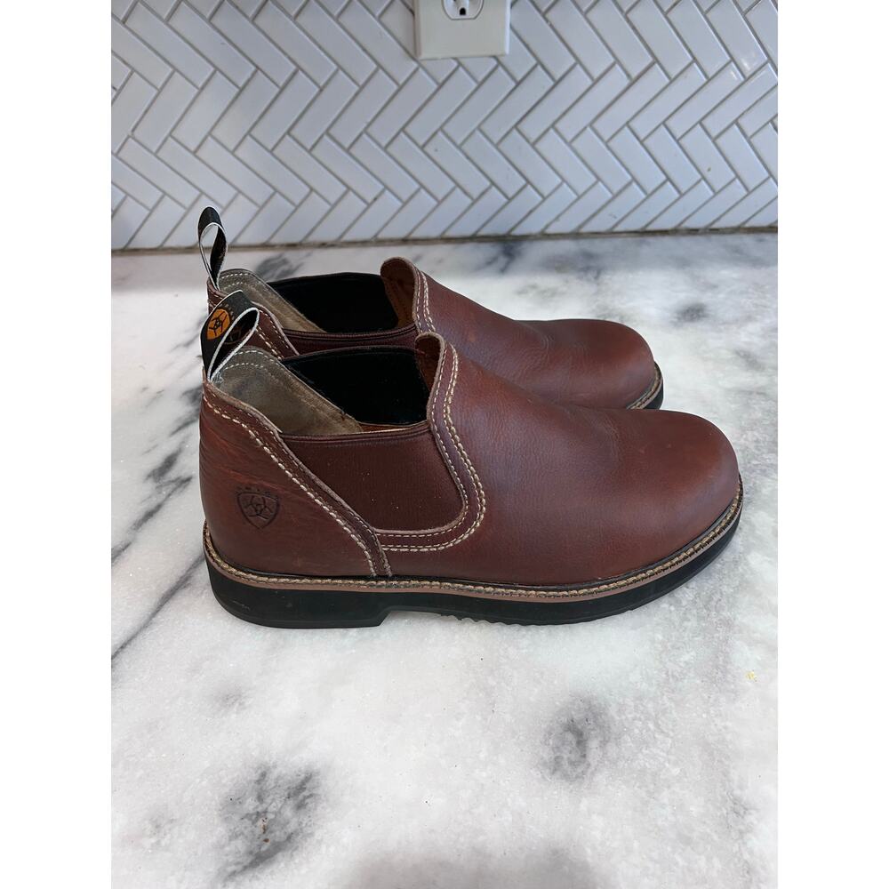 Ariat 355 Brown Leather Slip-On Work Boots Men’s US 9.5 Chelsea Round Toe